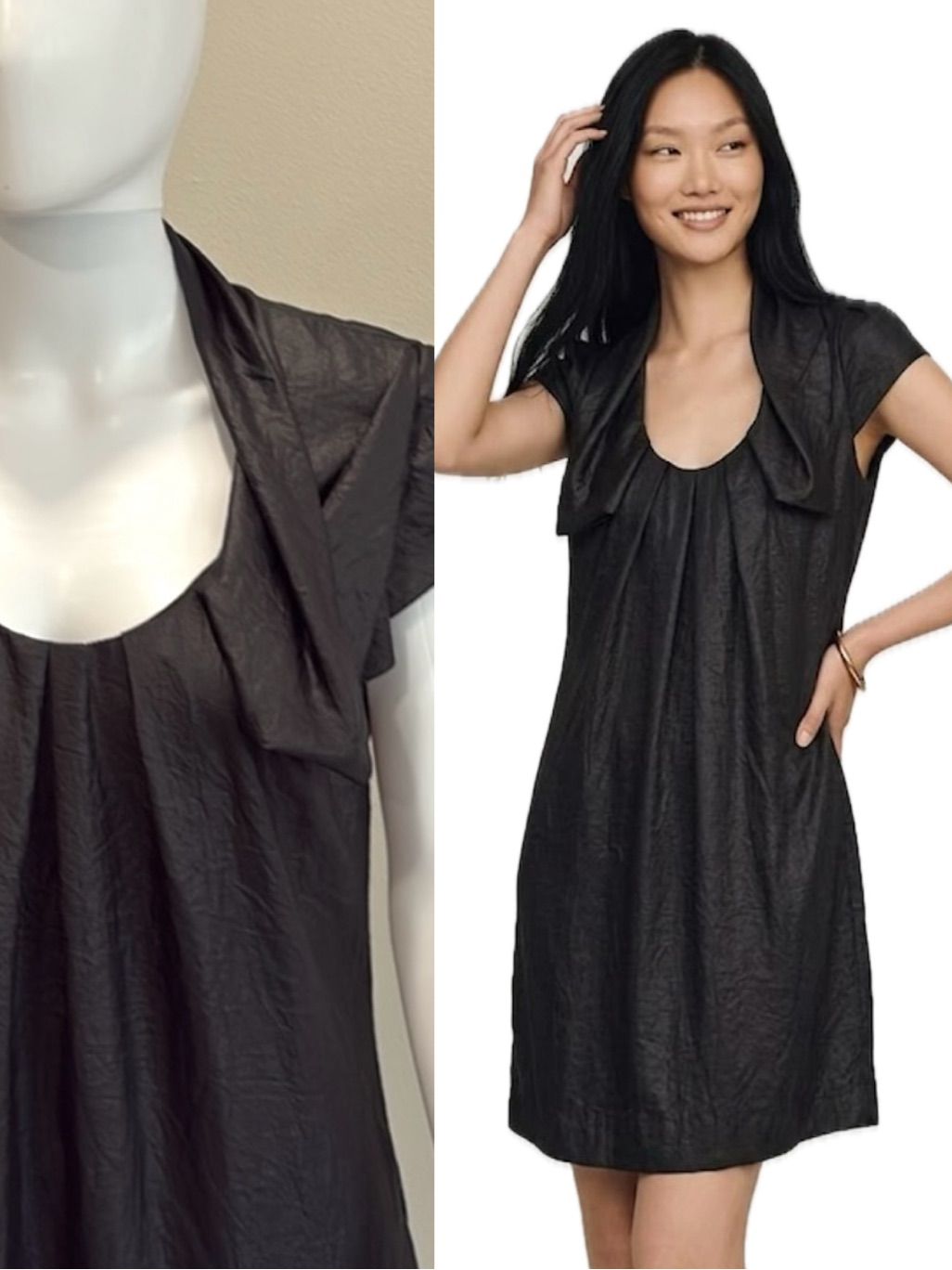 Bcbgmaxazria Shift Dress Size Small Black Retro Tulip Cap Sleeve Pleated Neck
